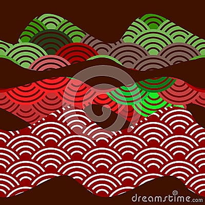 Seamless pattern dragon fish scales simple Nature background with japanese wave circle pattern dark brown burgundy maroon green re Vector Illustration