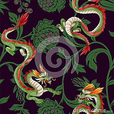 Seamless pattern with dragons and flowers. Oriental trendy print Vector Illustration