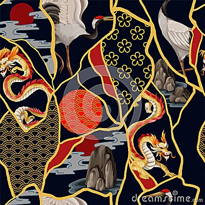 Seamless pattern with dragons in kintsugi style. Oriental trendy print. Vector Illustration