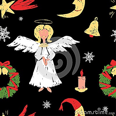 Seamless pattern of drawn cartoon christmas symbols, angel, star, bell,wreath and candle Vector Illustration