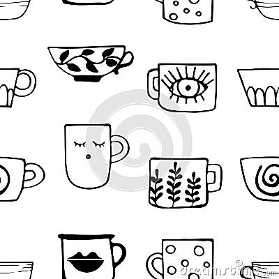 Seamless pattern with drawn cups of tea and coffee. Winter drinks. Vector Illustration