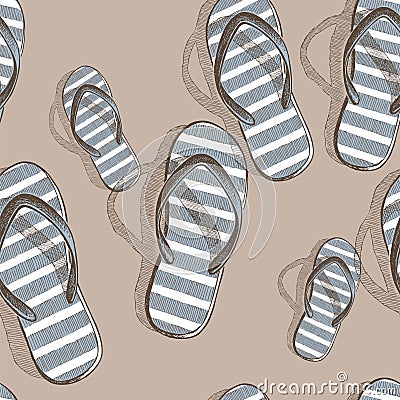 Seamless pattern of drawn family beach slippers on beach sand Vector Illustration