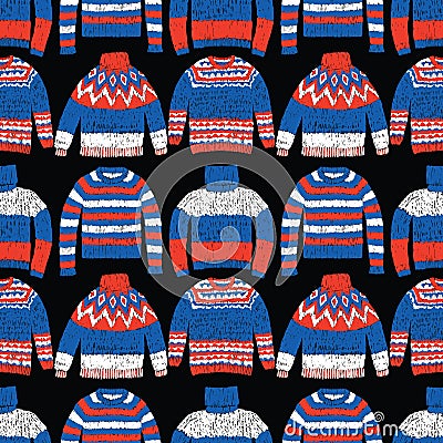 Seamless pattern of drawn wool knitted sweaters for cold weather Vector Illustration