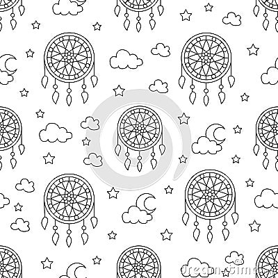 Seamless pattern with dream catchers. Elements - dreamcatcher, star, moon. Vector illustration. Cute repeated texture Vector Illustration