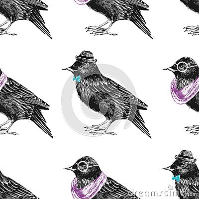 Seamless pattern with dressed up starling Vector Illustration