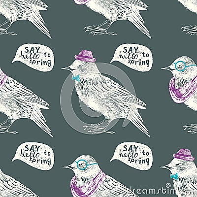 Seamless pattern with dressed up starling Vector Illustration