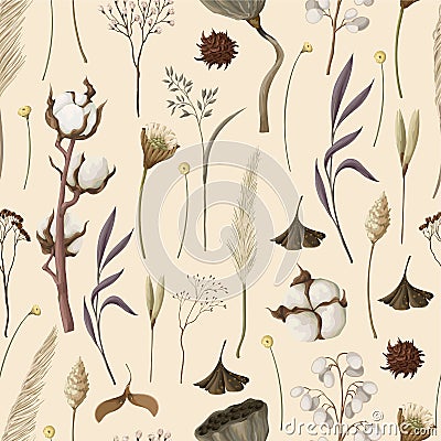 Seamless pattern with dried autmn flowers. Vector. Vector Illustration