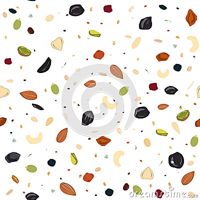 Seamless pattern with dried fruits, nuts, oatmeal, and seeds. Healthy food, granola background, Vector illustartion Vector Illustration