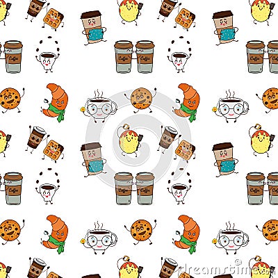 Seamless pattern drinks funny characters coffee tea grains coffee waffle pancake croissant cartoon Stock Photo