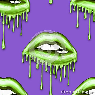 SEAMLESS PATTERN - DRIPPING METALLIC LIPS ON SOLID COLOR BACKGROUND Stock Photo