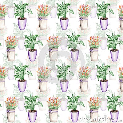 Seamless pattern of the duobly tulips in a bucket and spathiphyllum Stock Photo