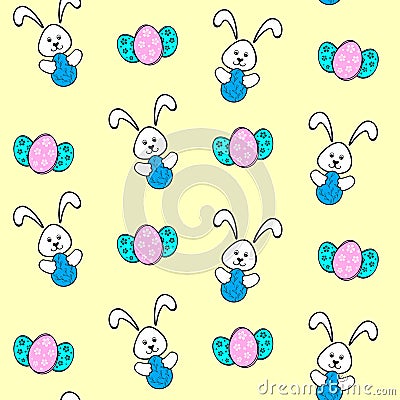 Seamless pattern of an Easter Bunny with egg and Easter eggs on a light yellow background Vector Illustration