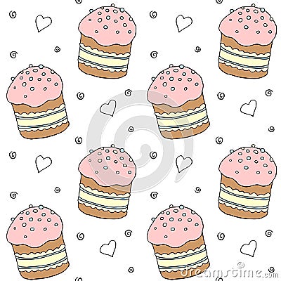 Seamless pattern. Easter cake or sweet bread or Paska. Soft colorful Spring festive background and texture with traditional food Cartoon Illustration