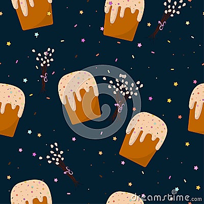 Seamless pattern: Easter cake and willow on a blue background. Vector Illustration