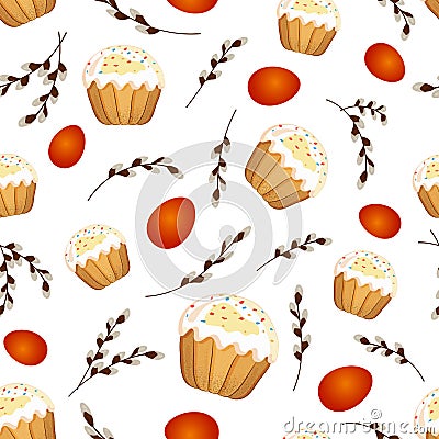 Seamless pattern with Easter cakes, red colored eggs and pussy-willow twigs Vector Illustration