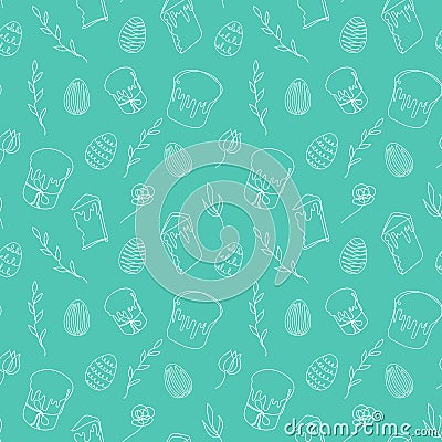 Seamless pattern of Easter eggs, Easter Kulich cakes and floral elements. Continuous one line drawing. Green backdrop Vector Illustration