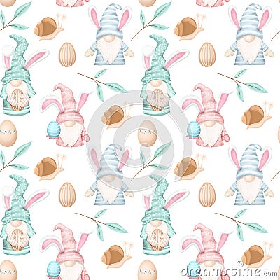 Seamless pattern of Easter gnomes, snails and branches Cartoon Illustration