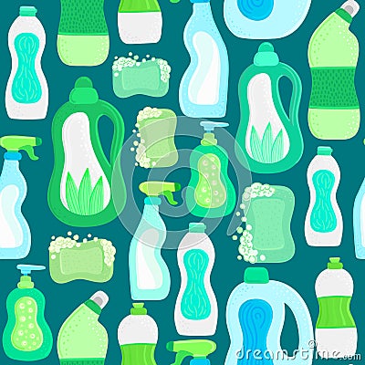 Seamless pattern. Eco friendly household cleaning supplies. Natural detergents. Products for house washing Vector Illustration