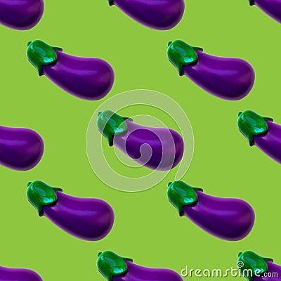Seamless pattern Eggplant. Toy plastic vegetable isolated on green background. Plastic vegetable for the game. Playing at the kids Stock Photo