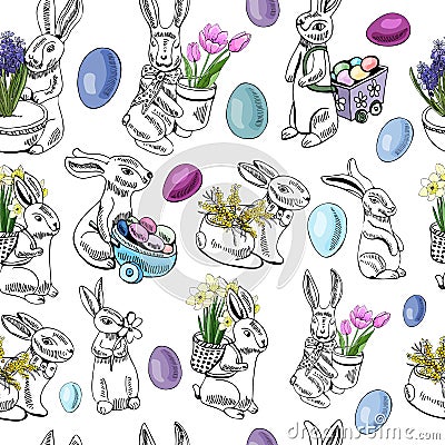Seamless pattern with eggs, rabbit, and spring flowers for Happy Easter decoration. Hand drawn colored sketch. Vector Illustration