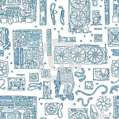 seamless pattern of Electronic component of desktop computer. Motherboard, processor, video card, memory, hdd. Vector Illustration