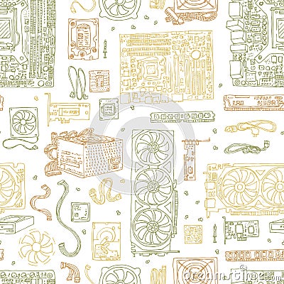 Seamless pattern of Electronic component of desktop computer. Motherboard, processor, video card, memory, hdd Stock Photo