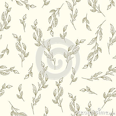 Seamless pattern with elegant hand drawn khaki branches with leaves on a beige background Vector Illustration