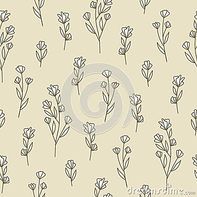 Seamless pattern with elegant hand drawn khaki branches with flowers and leaves on a beige background Vector Illustration