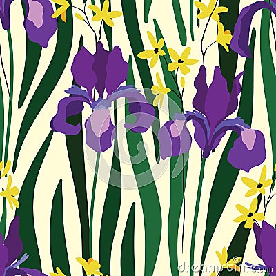 Seamless floral pattern with iris flowers. Vector. Vector Illustration