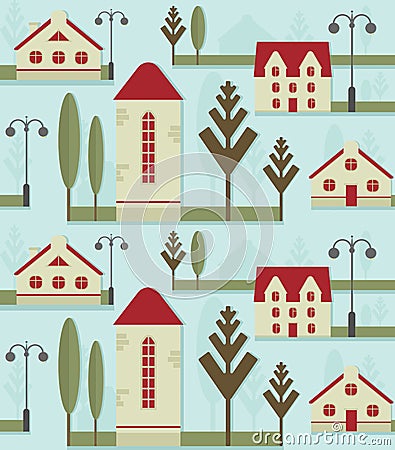 Seamless pattern element. Cute houses with red roofs, street lamps and trees. Vector Illustration