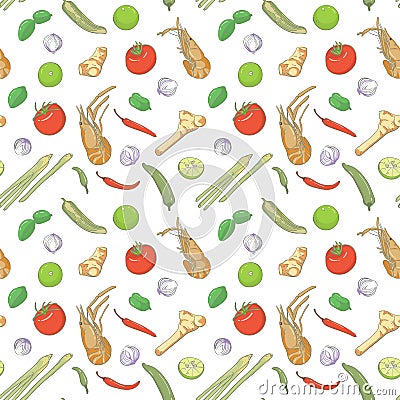 Seamless pattern element Tom Yam Kung, spicy Thai soup with shrimp Vector Illustration