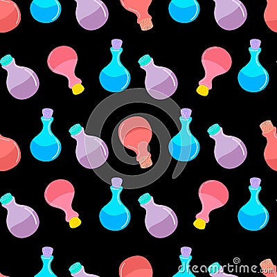Seamless pattern with Elixir bottle. potion pattern. Vector. The concept of Halloween, witchcraft.Design of banners, web Vector Illustration