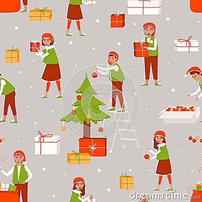 Seamless pattern of elves decorating the Christmas tree and preparing gifts for Christmas Vector Illustration