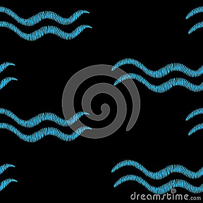 Seamless pattern with embroidery stitches imitation blue wave Vector Illustration