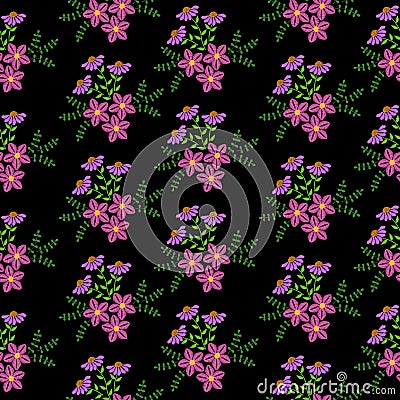 Seamless pattern with embroidery stitches imitation little flower and green leaf Vector Illustration