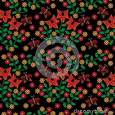 Seamless pattern with embroidery stitches imitation little red f Vector Illustration