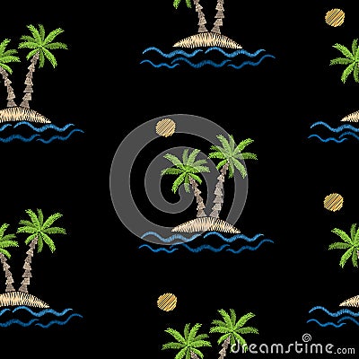 Seamless pattern with embroidery stitches imitation palm tree wi Vector Illustration