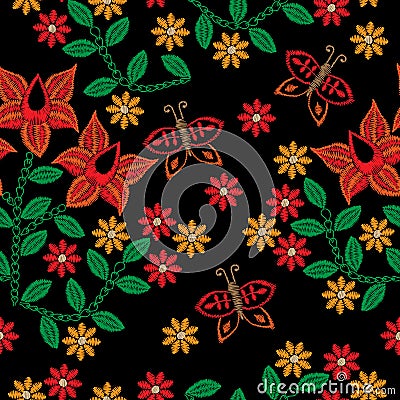 Seamless pattern with embroidery stitches imitation red flower a Vector Illustration