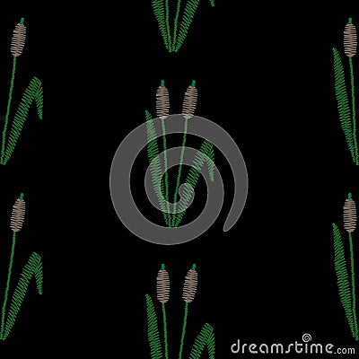 Seamless pattern with embroidery stitches imitation rush and green leaf Vector Illustration