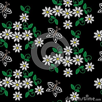 Seamless pattern with embroidery stitches imitation white flower Vector Illustration