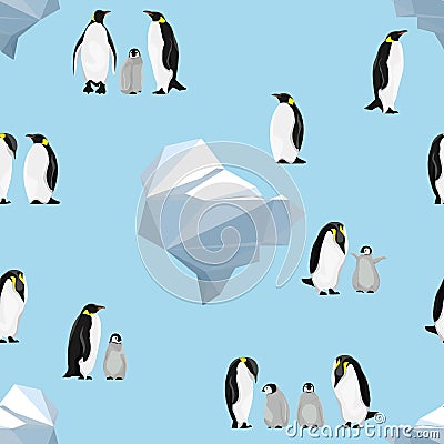 Seamless pattern. Emperor penguins on a blue background. Icebergs Vector Illustration