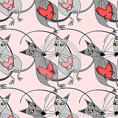 Seamless pattern, endless texture on a square background - stylized mouse lovers - graphics. Valentines Day, love. Vector Illustration