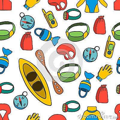 Seamless pattern with equipment for kayaking-4 Cartoon Illustration