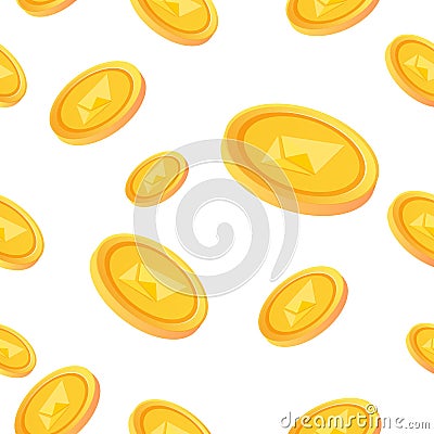 Seamless pattern of Ethereum Cryptocurrency gold coin. Blockchain technology concept. Vector Illustration