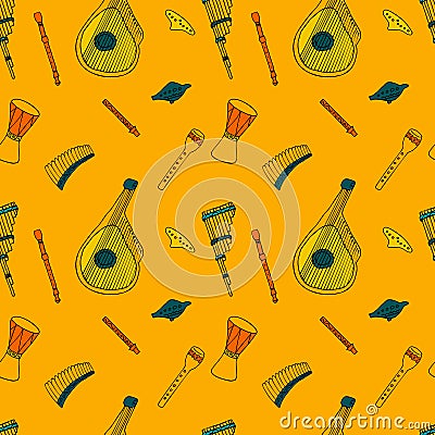 Seamless pattern with Ethnic musical folk instruments. Vector Illustration