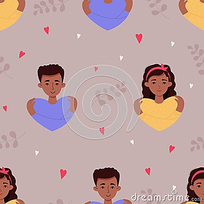 Seamless pattern with ethnic young people. dark-skinned cute girl with hairstyle and young man hug their shoulders on Vector Illustration