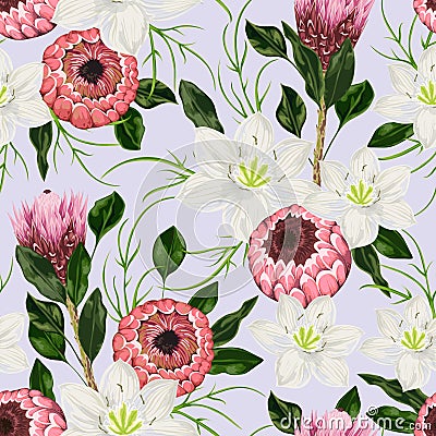 Seamless pattern with eucharis lily, protea flowers and leaves. Decorative holiday floral background. Vector Illustration