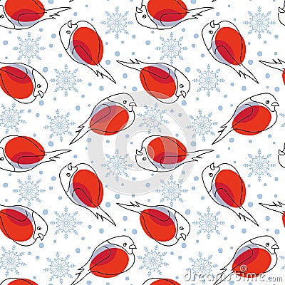 Seamless pattern with Eurasian Bullfinch and snowflakes, Hand Drawn Bird Linear sketch. Seasonal doodle repeated Vector Illustration