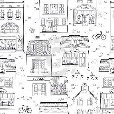 Seamless pattern with European houses. Cute Dutch buildings with shops, bookstore, cafe, coffee shop. Contour monochrome Vector Illustration