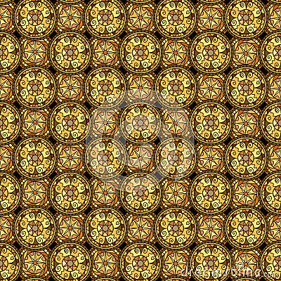 Seamless pattern. Evenly spaced circles with decorative swirls. Drawn by hand. Vector Illustration